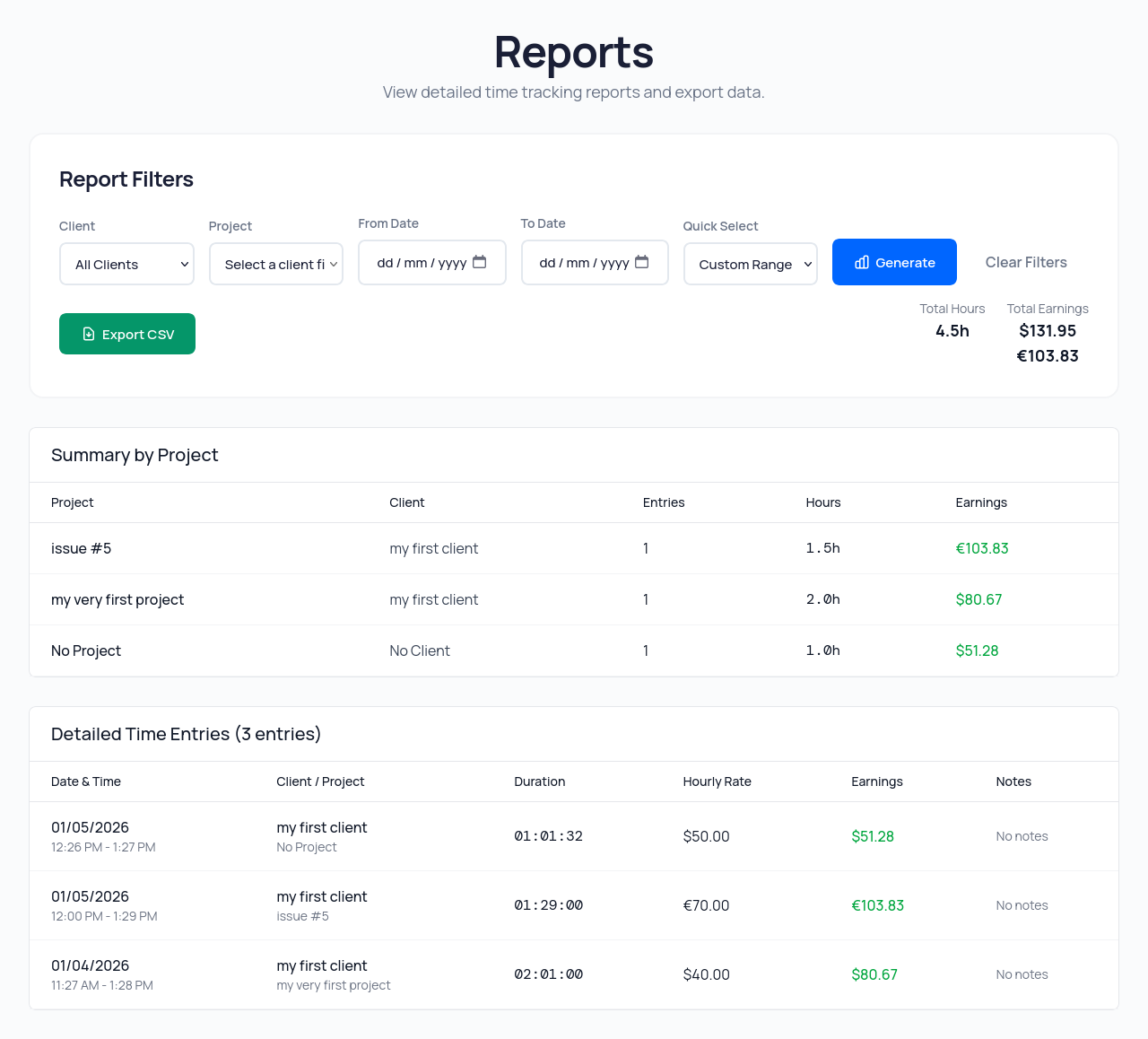 CSV reports showing per-client totals