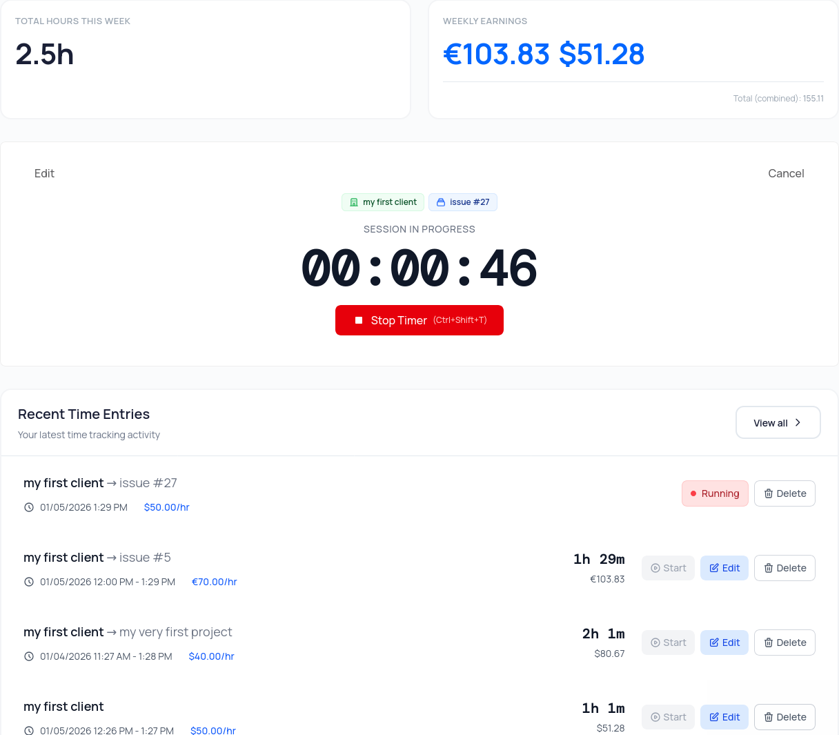 Running timer with keyboard shortcuts